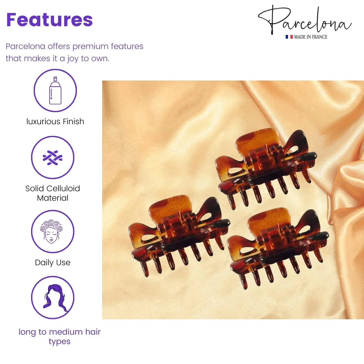 Parcelona French Classic 1.5″ Small Celluloid Set of 3 Hair Claws for Women