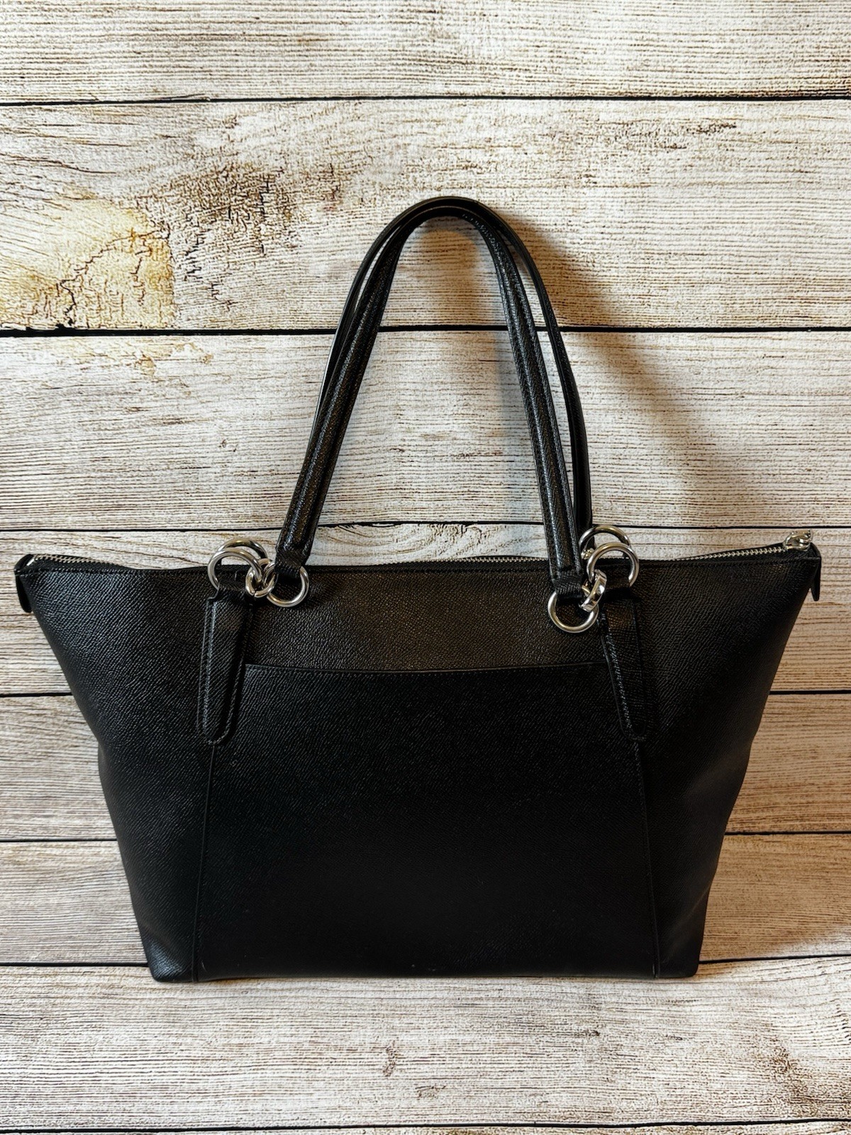 Coach Classic Ava Tote Bag Black Crossgrain Leather Zip Top Silver Hardware