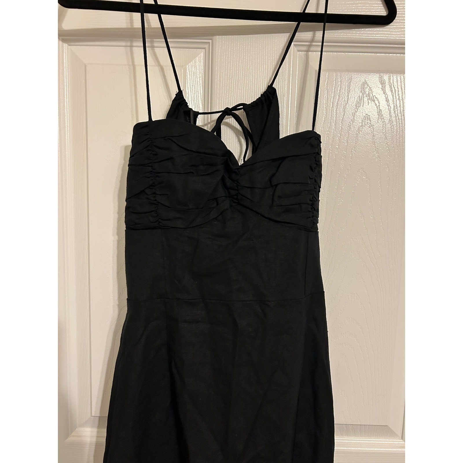 Zara Black Linen Blend Midi Dress Spaghetti Strap Cut Out Back NWT