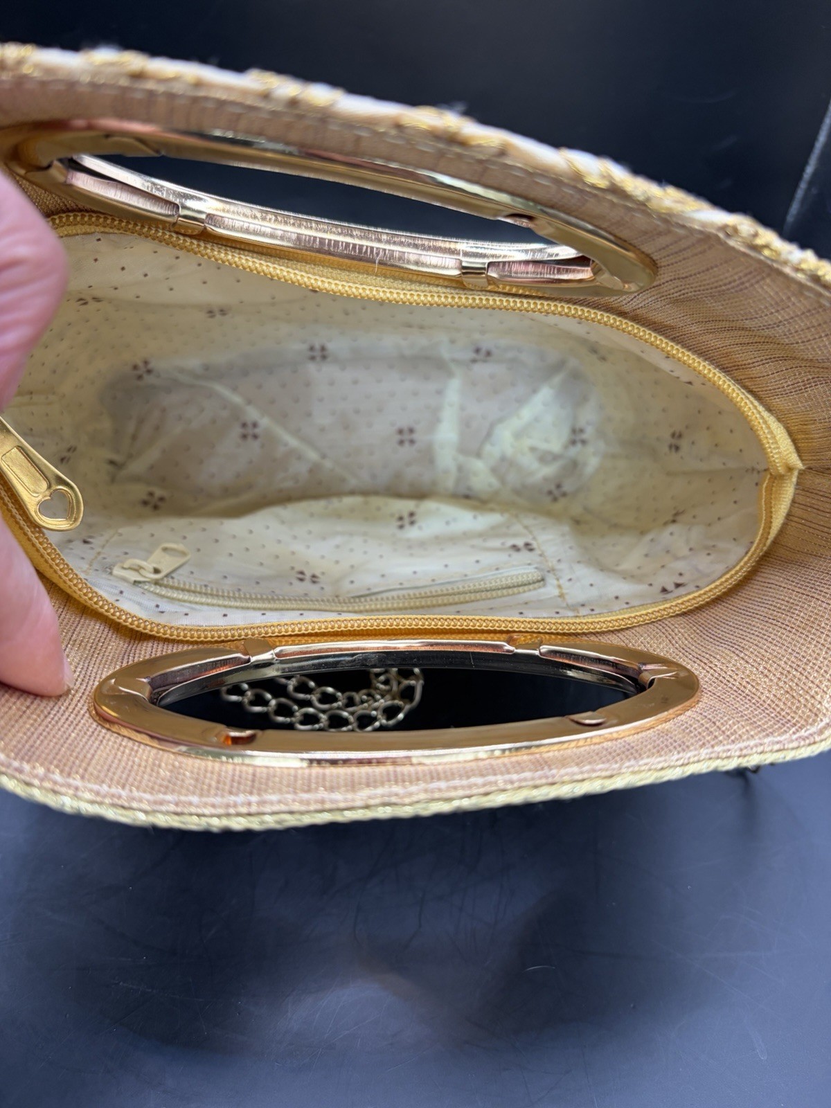 Gold Floral Embroidered Purse W/ Detachable Gold Chain Strap 2 Zipper Pockets
