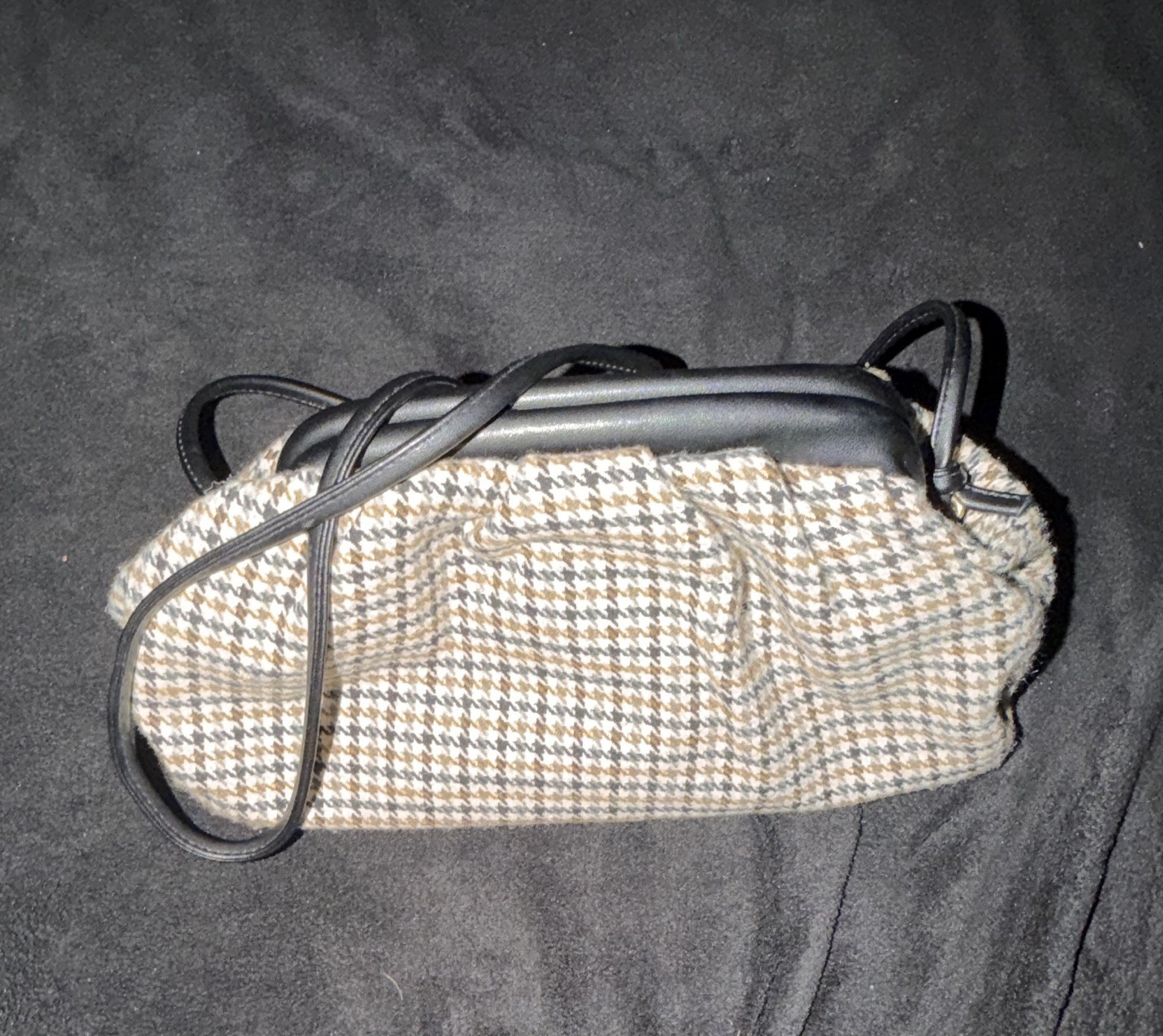 3AM Forever Houndstooth Shoulder Bag Beige/Black Zip Gold Hardware Black Lined