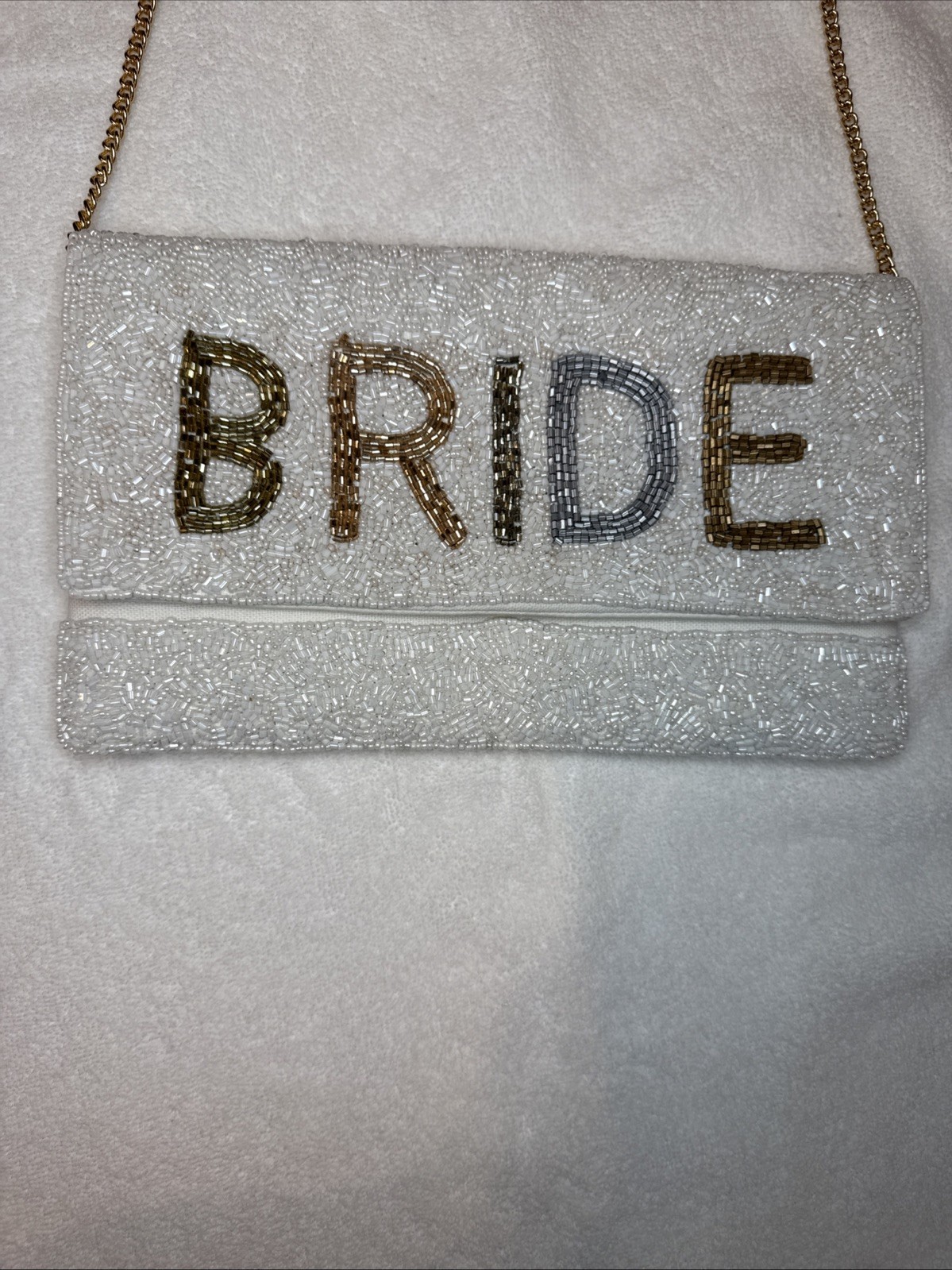 Bride Clutch Embroidered Glass Beaded Gold Tone Chain Strap Classy Elegant