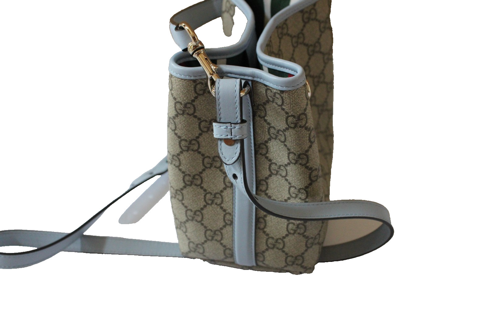 Gucci GG Emblem Small Bucket Shoulder Bag Beige Ebony Light Blue