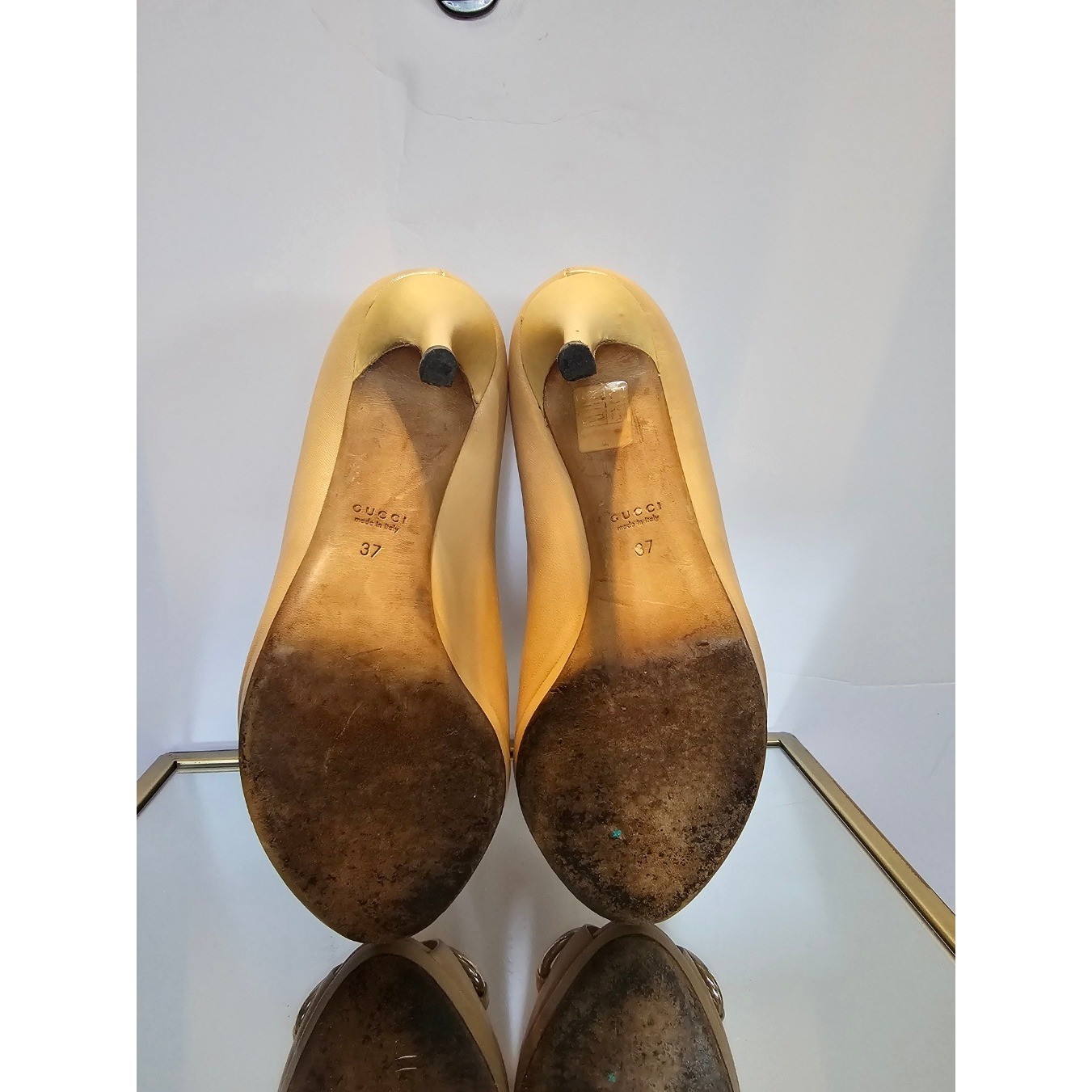 Gucci Hollywood Horsebit Peep Toe Pumps Womens 37 Beige Leather Gold Hardware
