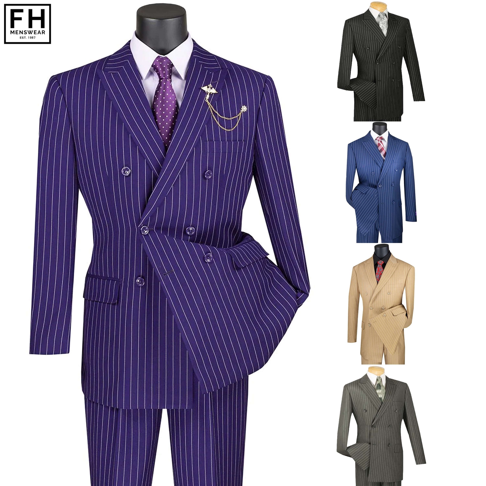 VINCI Men’s Gangster Pinstripe Double Breasted 6 Button Classic Fit Suit NEW