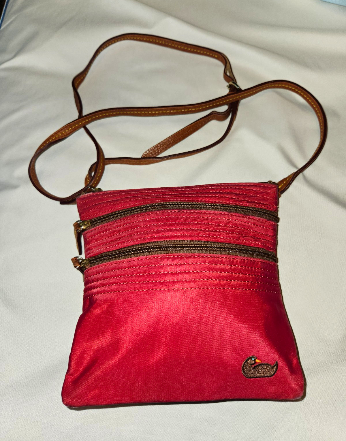 Dooney & Bourke Red Solid Crossbody Zip Bag Brown Strap Gold Hardware