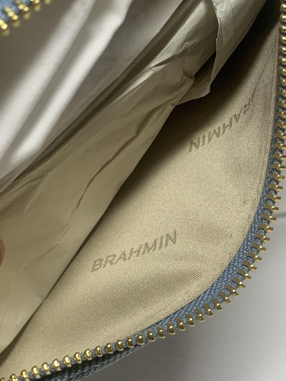 BRAHMIN Billie Barrel Shoulder Bag Denim Leather Brushed Gold Harrware NWT