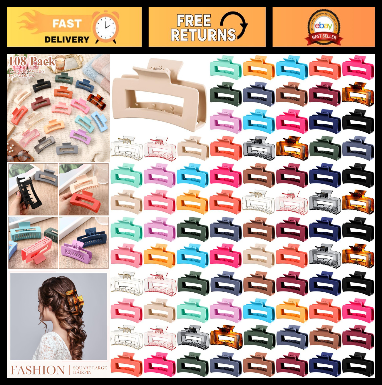 36 Pcs Large Hair Claw Clips – 4.1 Inch Matte Nonslip Big Barrettes, 18 Colors