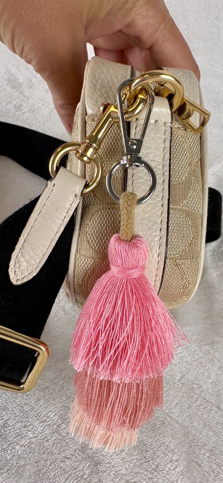 Coach Mini Dempsey Camera Bag in Khaki/Powder Pink Signature Jacquard and Charm