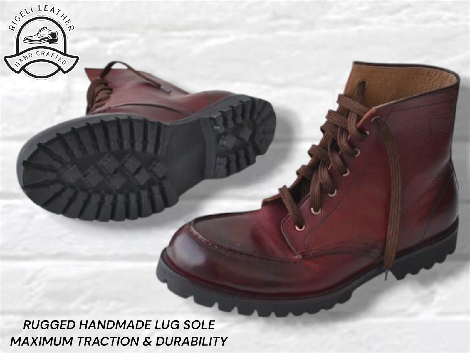 Handmade Burgundy Combat Boots Men Goodyear Welted Full Grain Leather Lug Sole