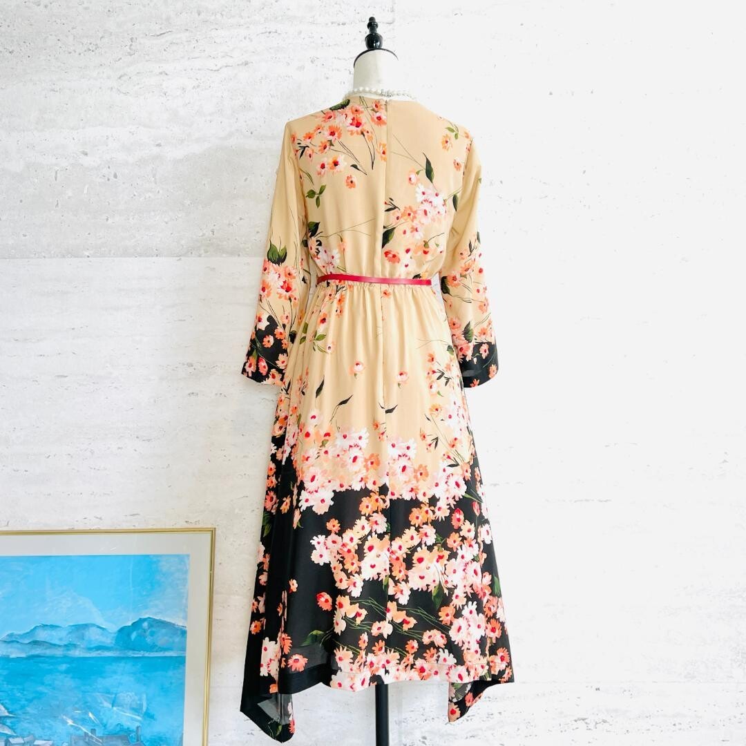 MaxMara Silk Floral Asymmetrical Long Dress Leather Belt Auth