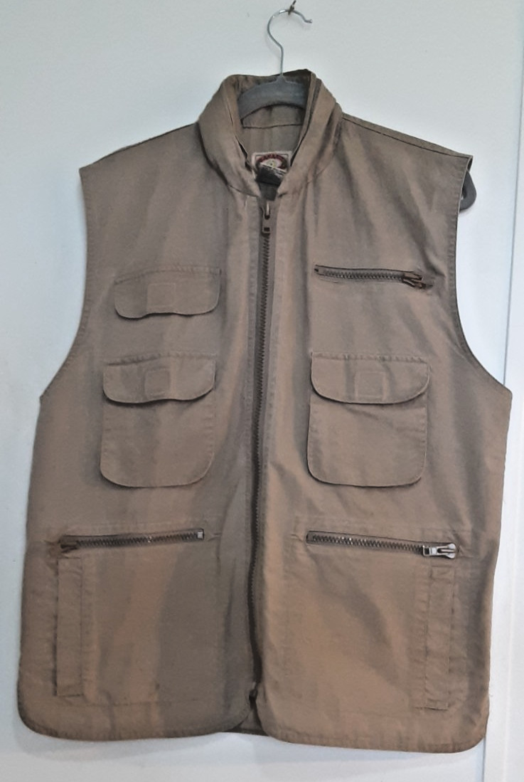 VTG Banana Republic Safari Utility Vest Tan Cotton XL Hood Photo Fishing Hunting
