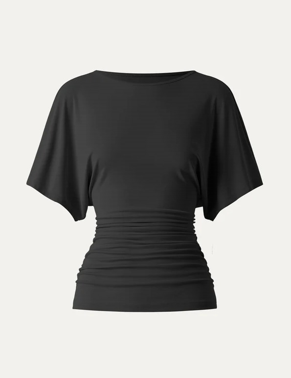 OGL Effortless Boatneck Batwing Sleeve Side Ruched Top, Black (NEW)