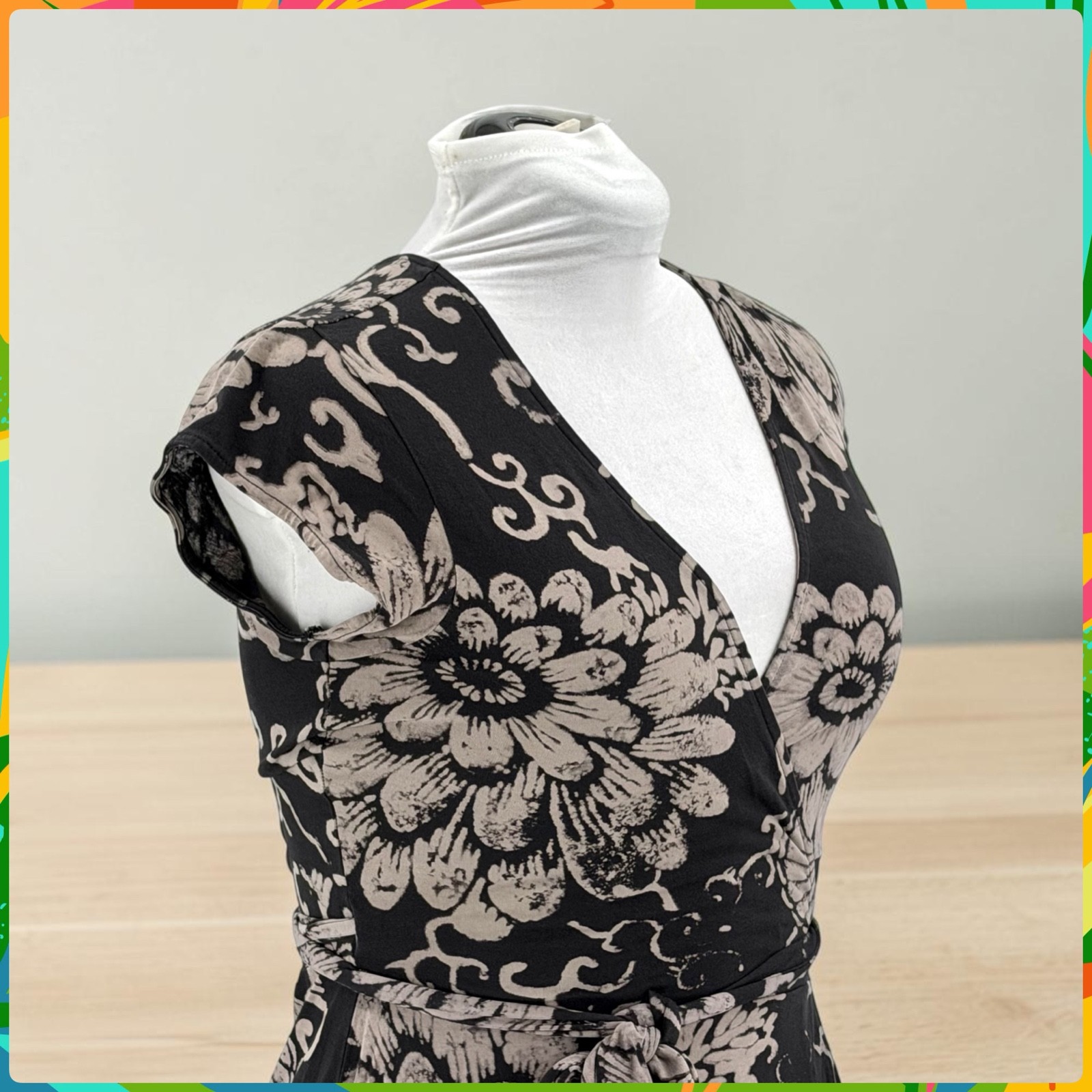 LUCKY BRAND Black Beige Floral Cap Sleeve Jersey Wrap Dress with Tie Belt Size M