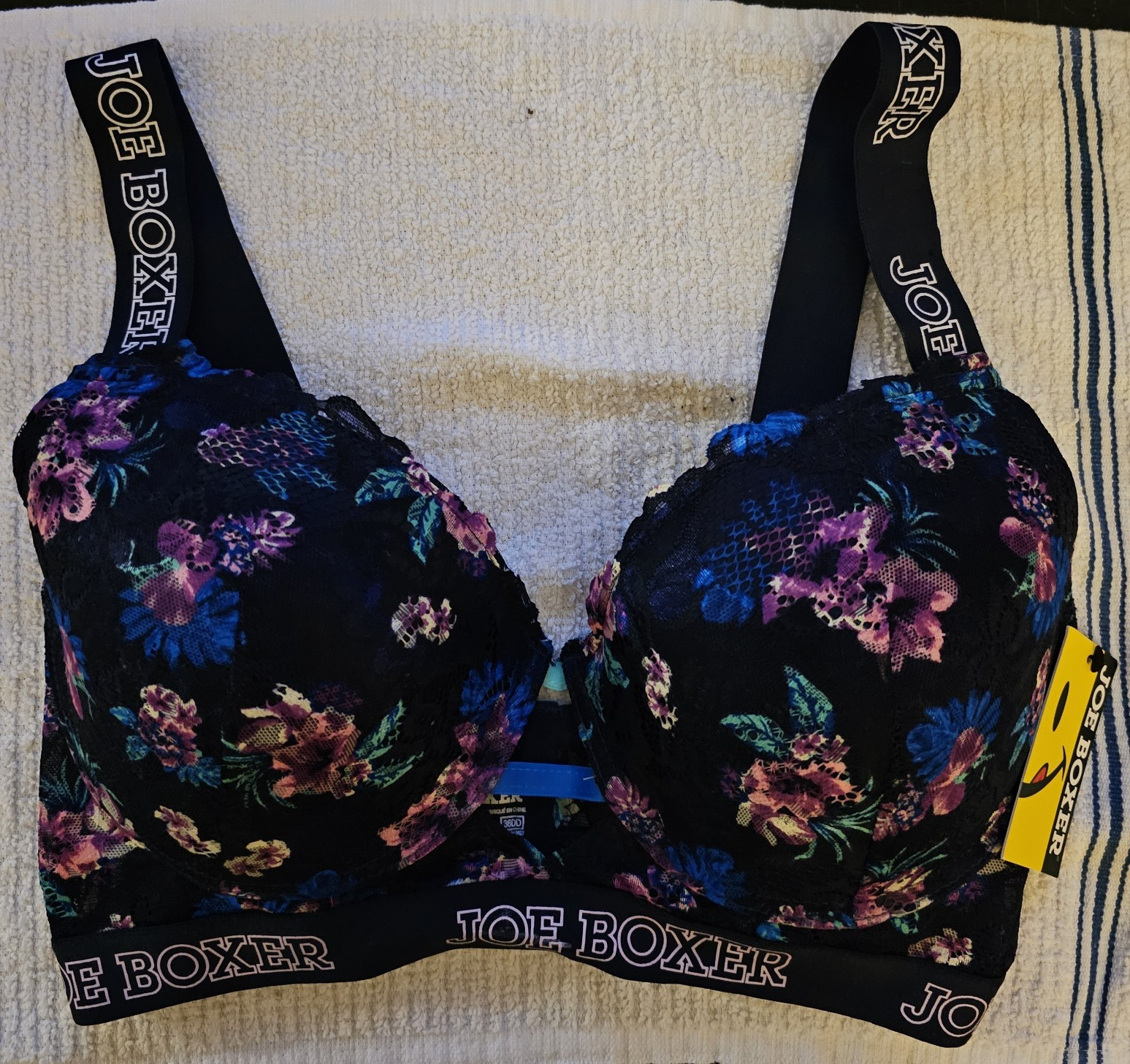 Joe Boxer Neon Ultra Floral Lace Underwired T-Shirt Bra 36DD Black Multi