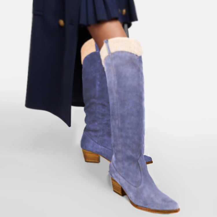 Cowboy Pointed Toe Women’s Real Suede Leather Knee High Long Boots Block Heel