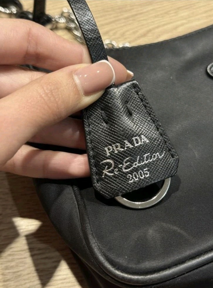 Prada Re-Edition 2005 Black Nylon Shoulder Bag Chain Strap Crossbody Purse Y2K