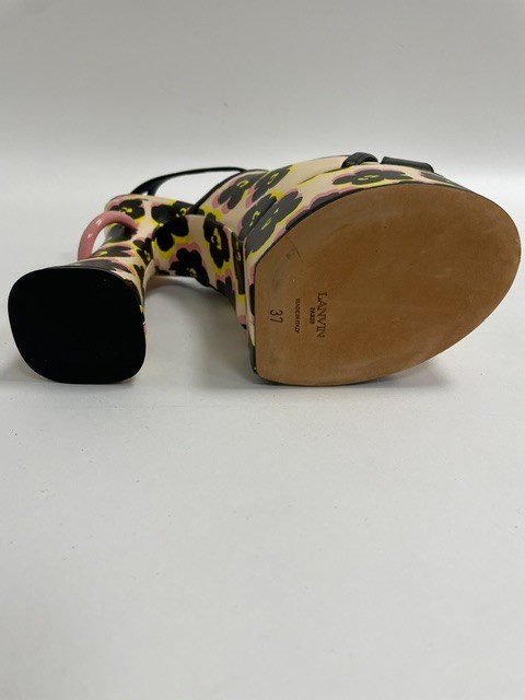 Lanvin Paris Black Floral Platform Sandal Heels Ankle Strap EU37 US 7 MSRP $2145