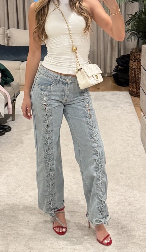 Edikted Laced Up Low Rise Wide Leg Jeans -XS
