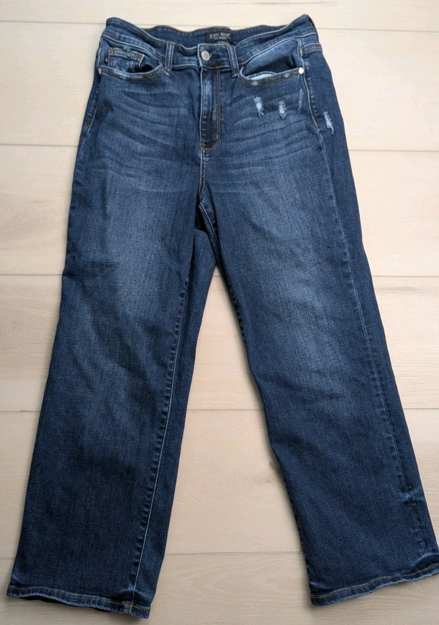 Judy Blue High Waist Medium Destroyed Pocket Wide Leg Denim Jeans Womens 11/30