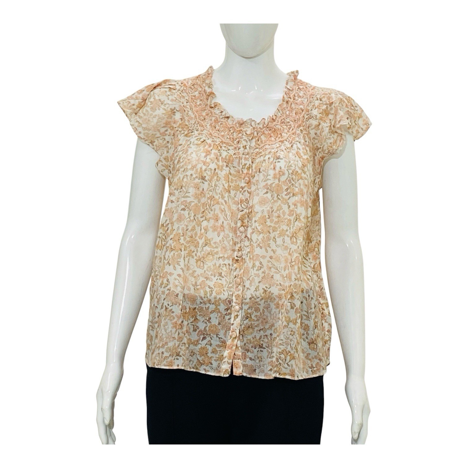 LoveShackFancy Floral Printed Smocked Embroidered Cotton Blouse Tunic Top L
