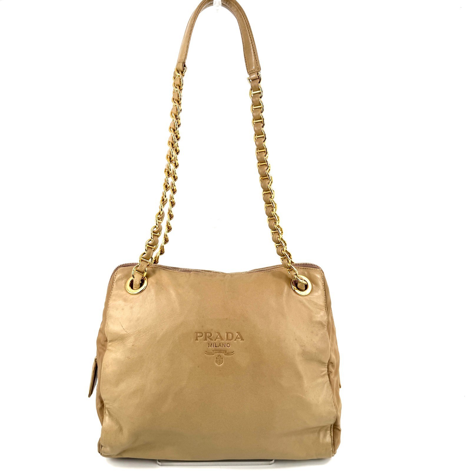 PRADA Double Chain Leather Shoulder Bag Embossed Authentic Beige From Japan