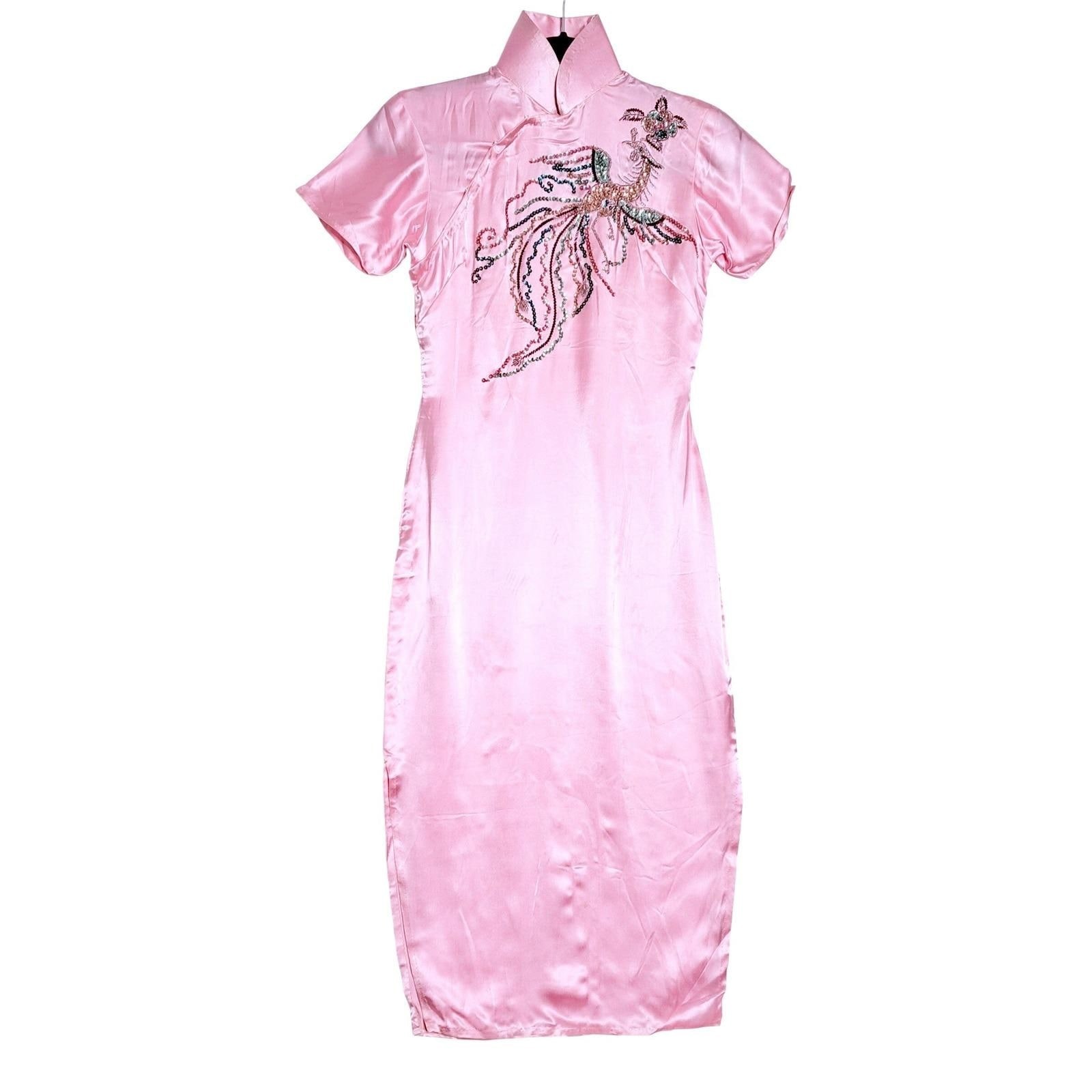 Vintage 50s 60s Pink Silk Satin Cheongsam Qipao Phoenix Sequin Beaded Dress S