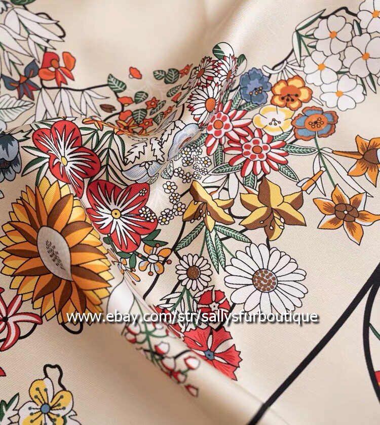 Sally 14~18 Momme Twill Silk Wrap Scarf Bandanna Vintage Flowers Print Shawl 35″