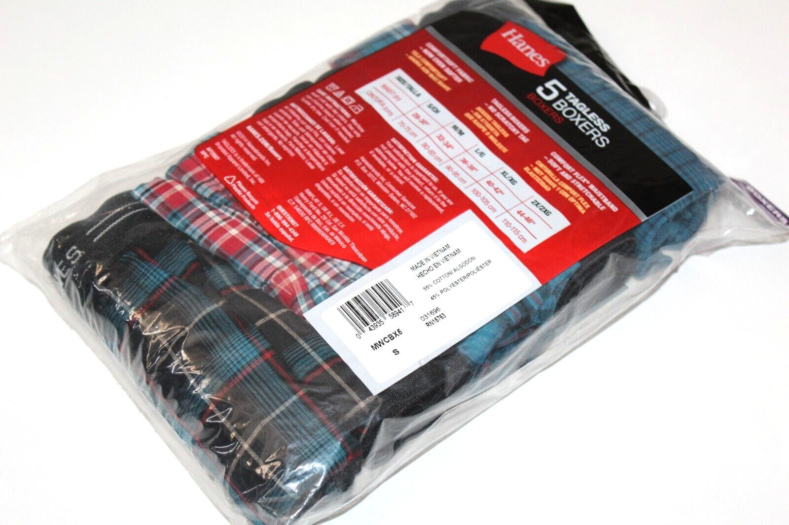 Hanes Men’s 5-Pack Assorted Plaids & Prints Tagless Boxers – Small (28-30″)