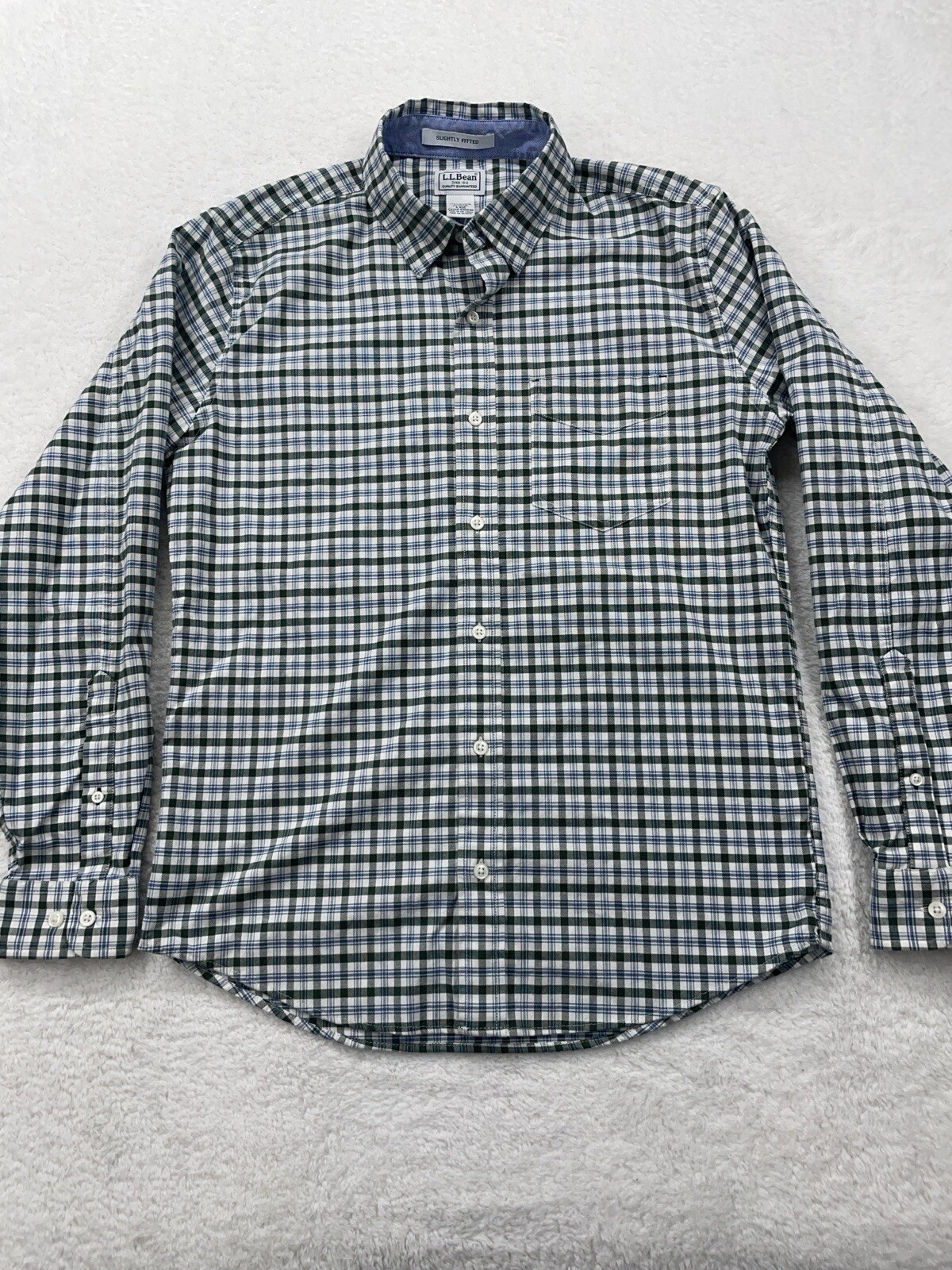 LL Bean Mens S Green Plaid Coolmax Stretch Slightly Fitted Button Down Shirt