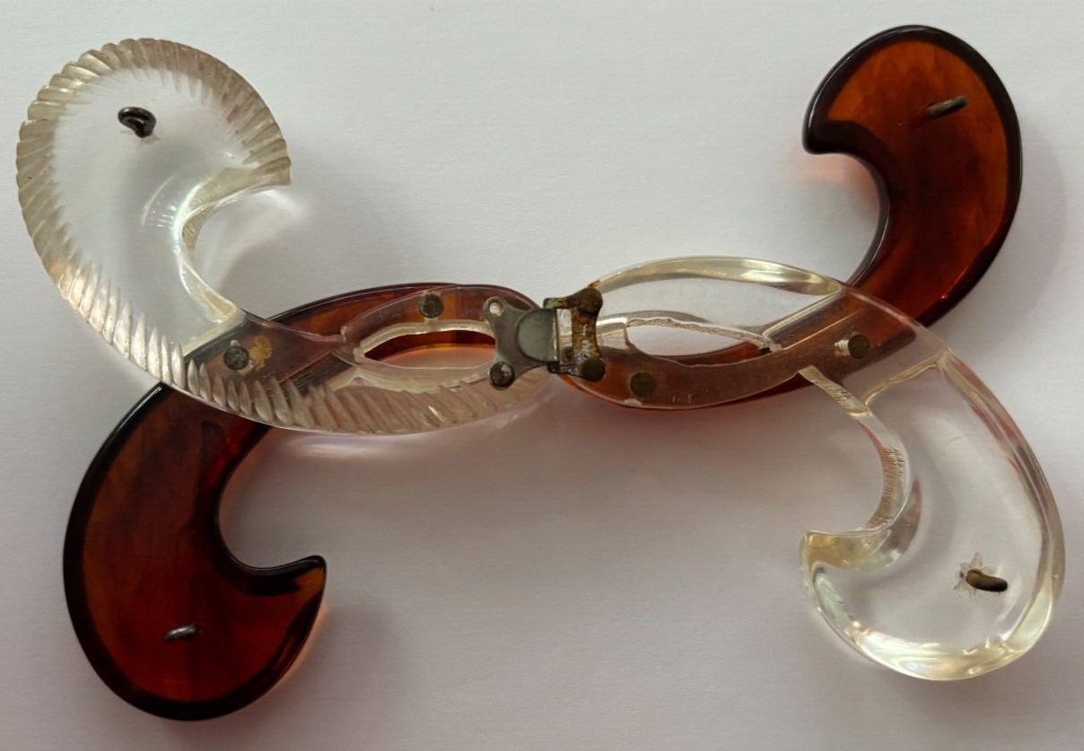 Vtg Antique LUCITE CLEAR AMBER Fleur De Lis BUCKLE TORTOISE SHELL Belt COLLAR