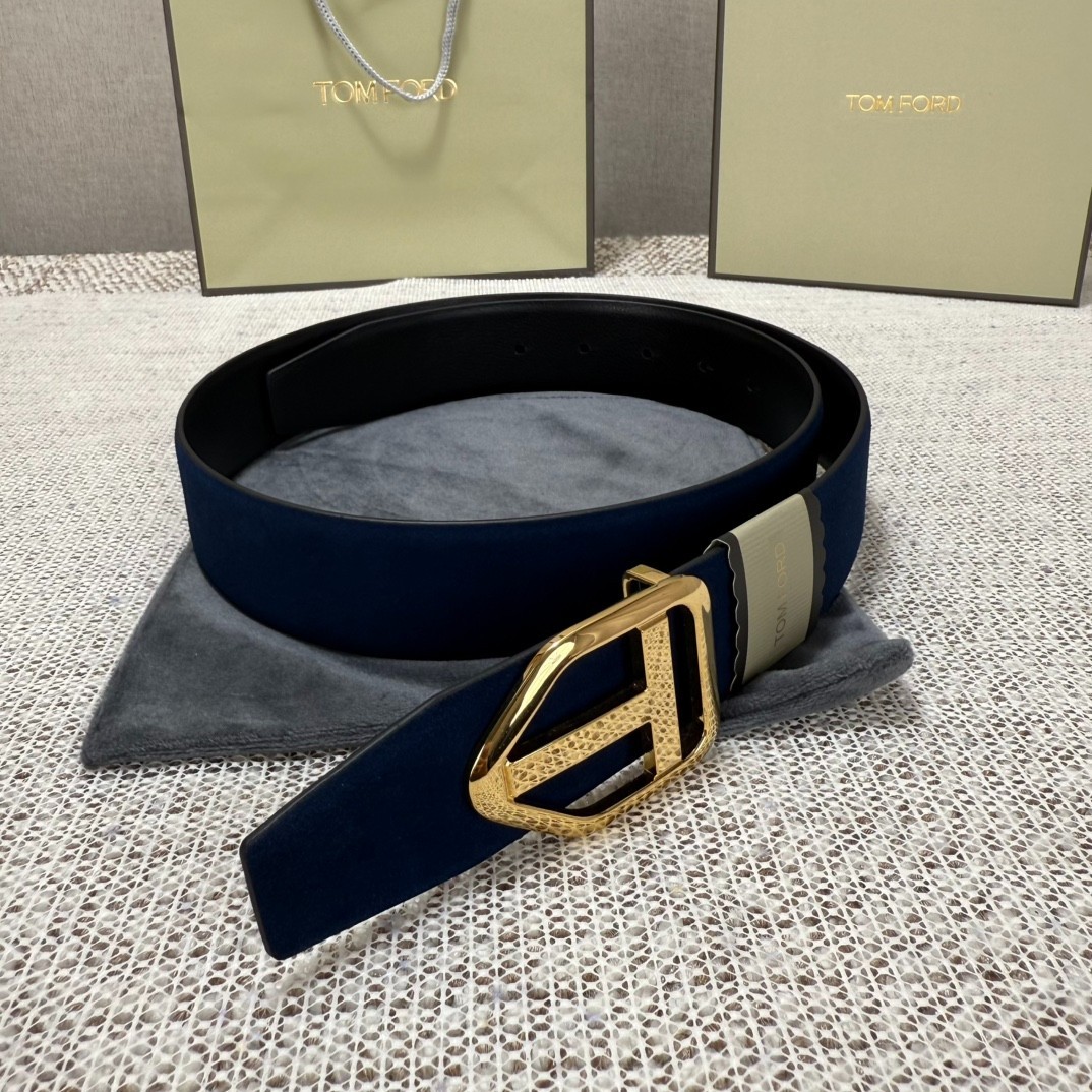 Tom Ford Belt Reversible Blue/Black Calfskin Gold T Buckle Belt