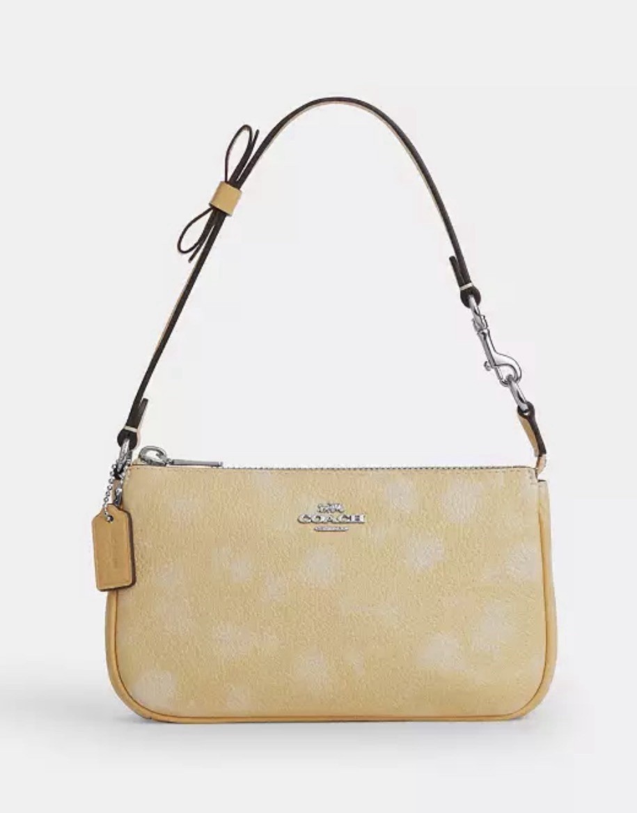 NWT☀️ COACH Nolita 19 Bag Floral Print & Bow, Silver/Washed Yellow Leather CDW28