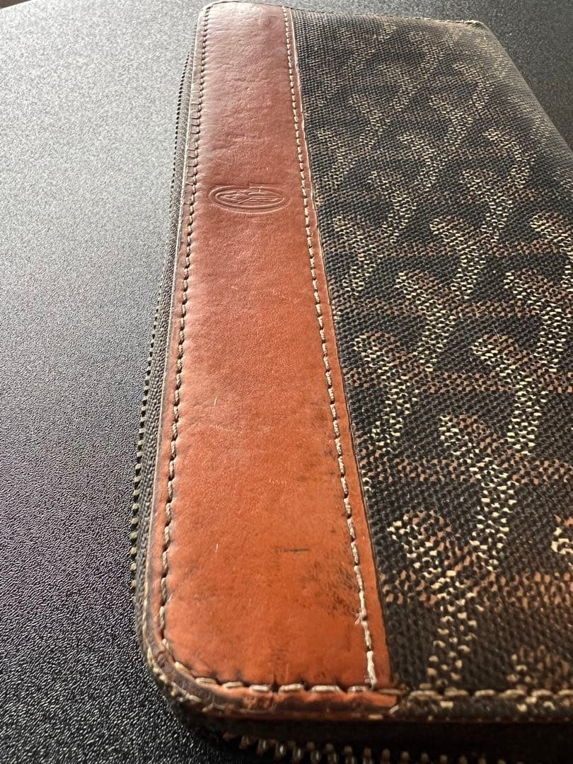Goyard Matignon GM Zip Wallet Black Cognac Canvas Leather 7.9in x 4.1in w/ Box