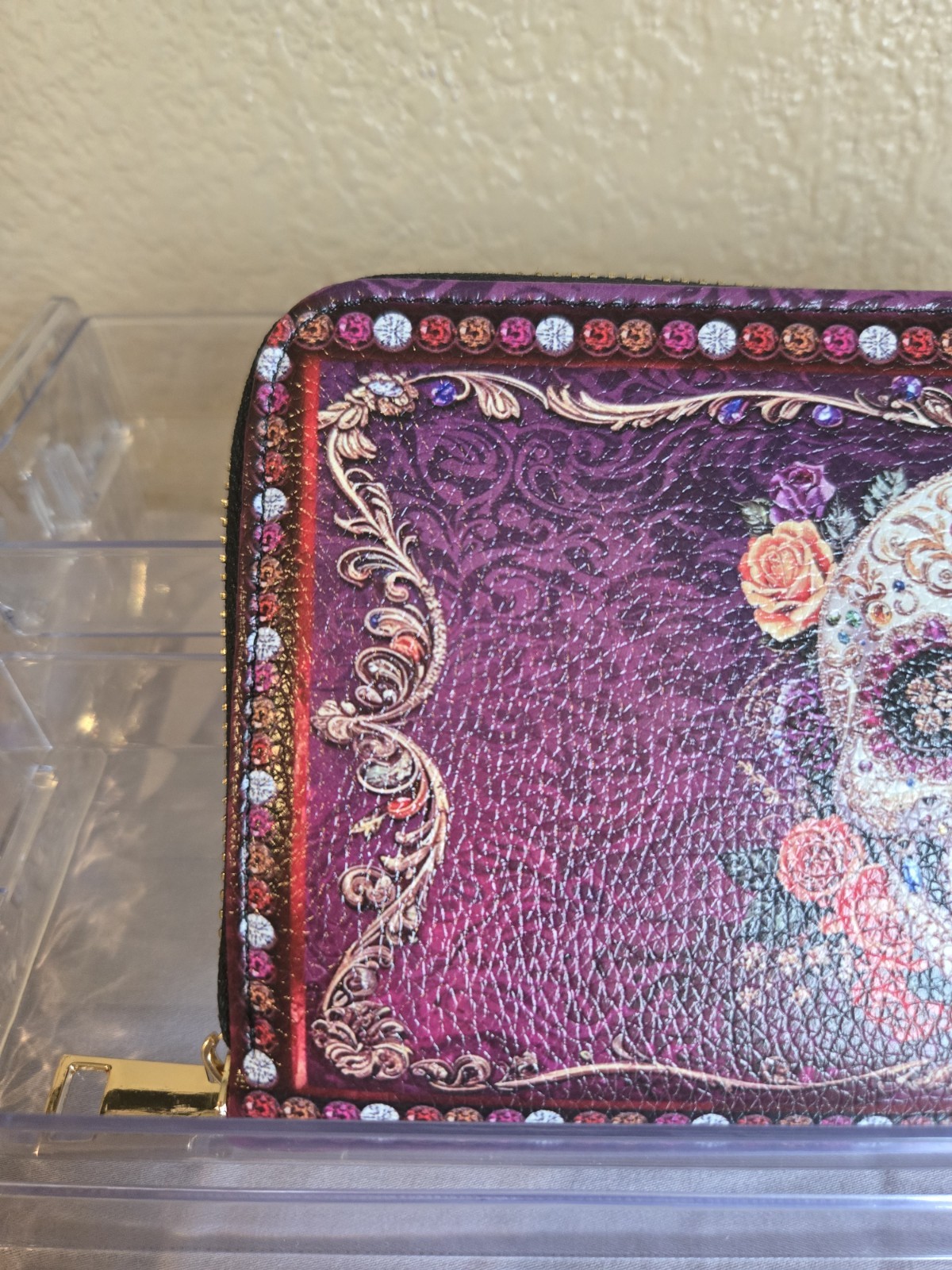 Womens Skullette Purple Pink Skull Flowers Floral Zip-Around Wristlet Wallet