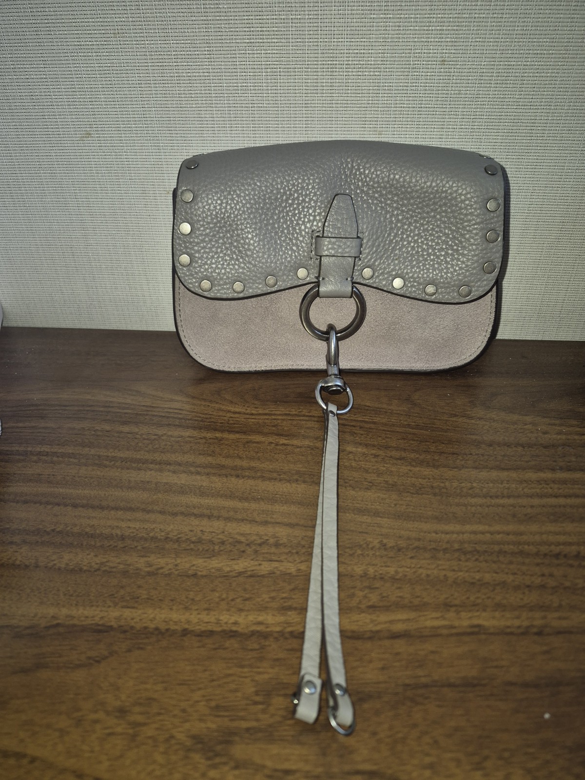Rebecca Minkoff Women’s Gray Mini Studded Flap Crossbody, Chain Strap, Mag