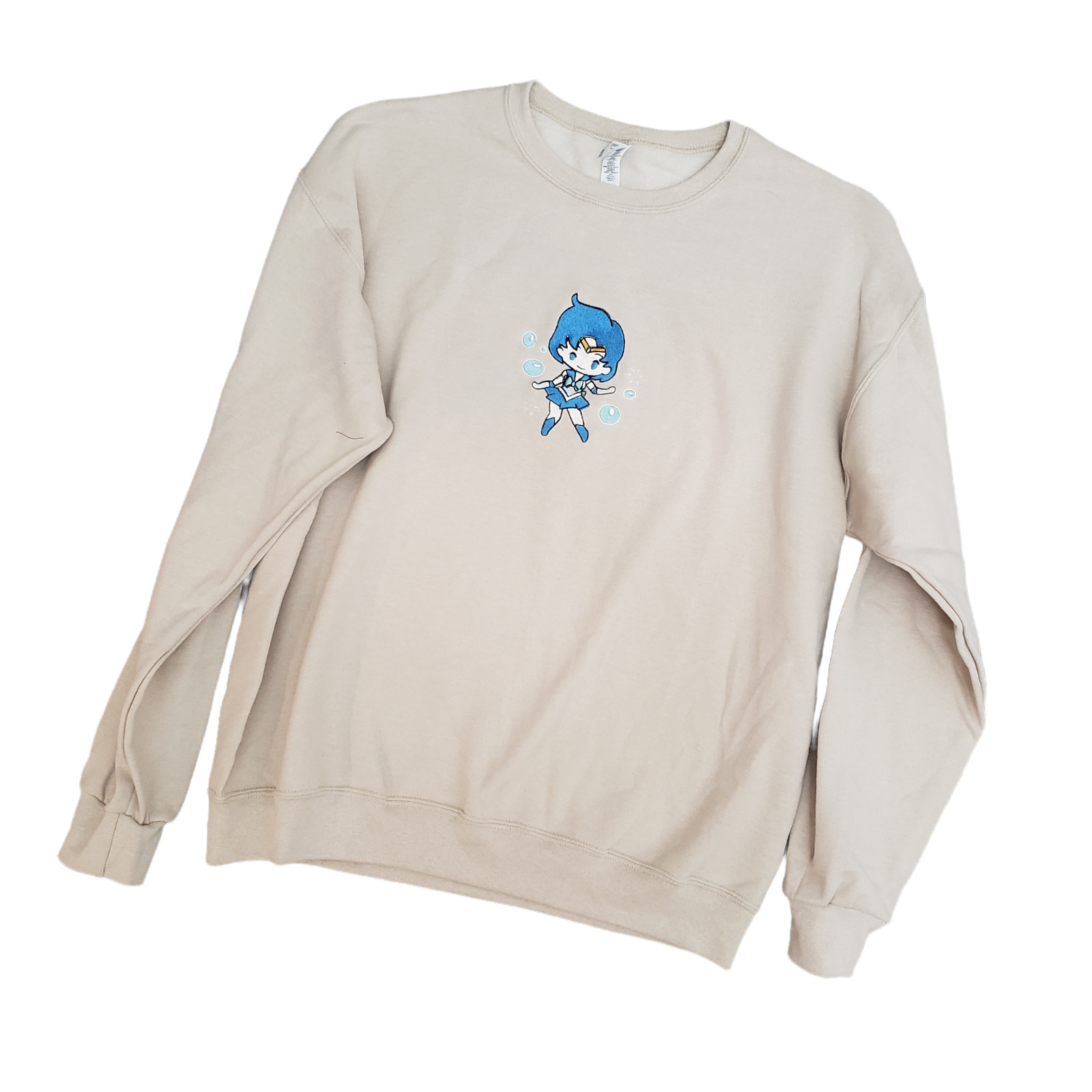Sailor Mercury Embroidered Crewneck Sweater Beige Size L Kawaii Anime Crystal