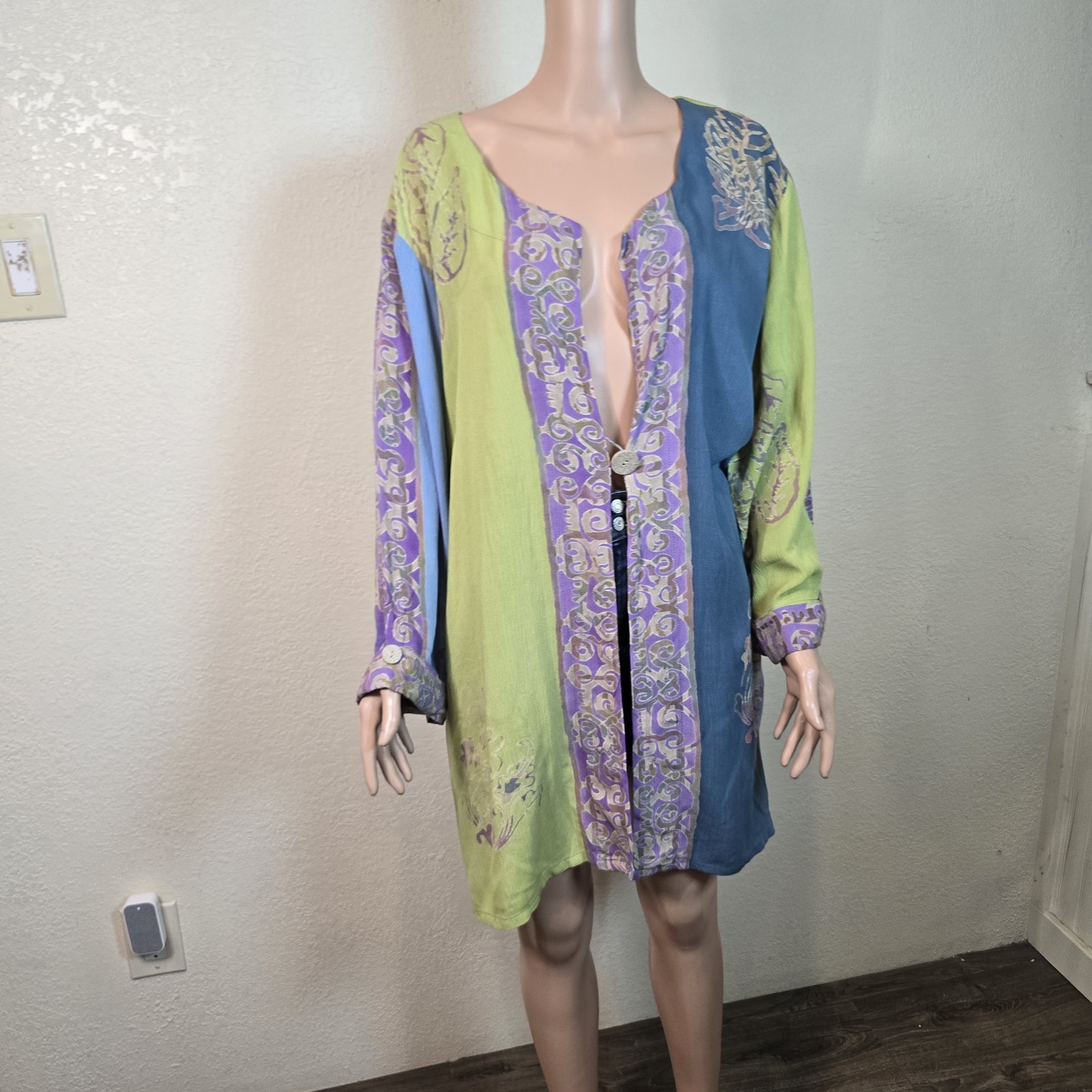 Soft Surroundings 100% Rayon Teal Green Purple Button Blouse Overlay Tunic 2x