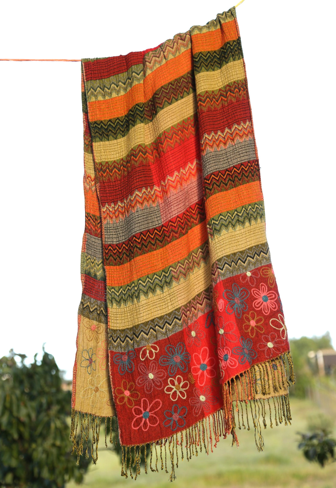 Y2K DIMRI Floral Striped Summer Scarf Wrap Soft Rayon Rectangle Red Multicolor