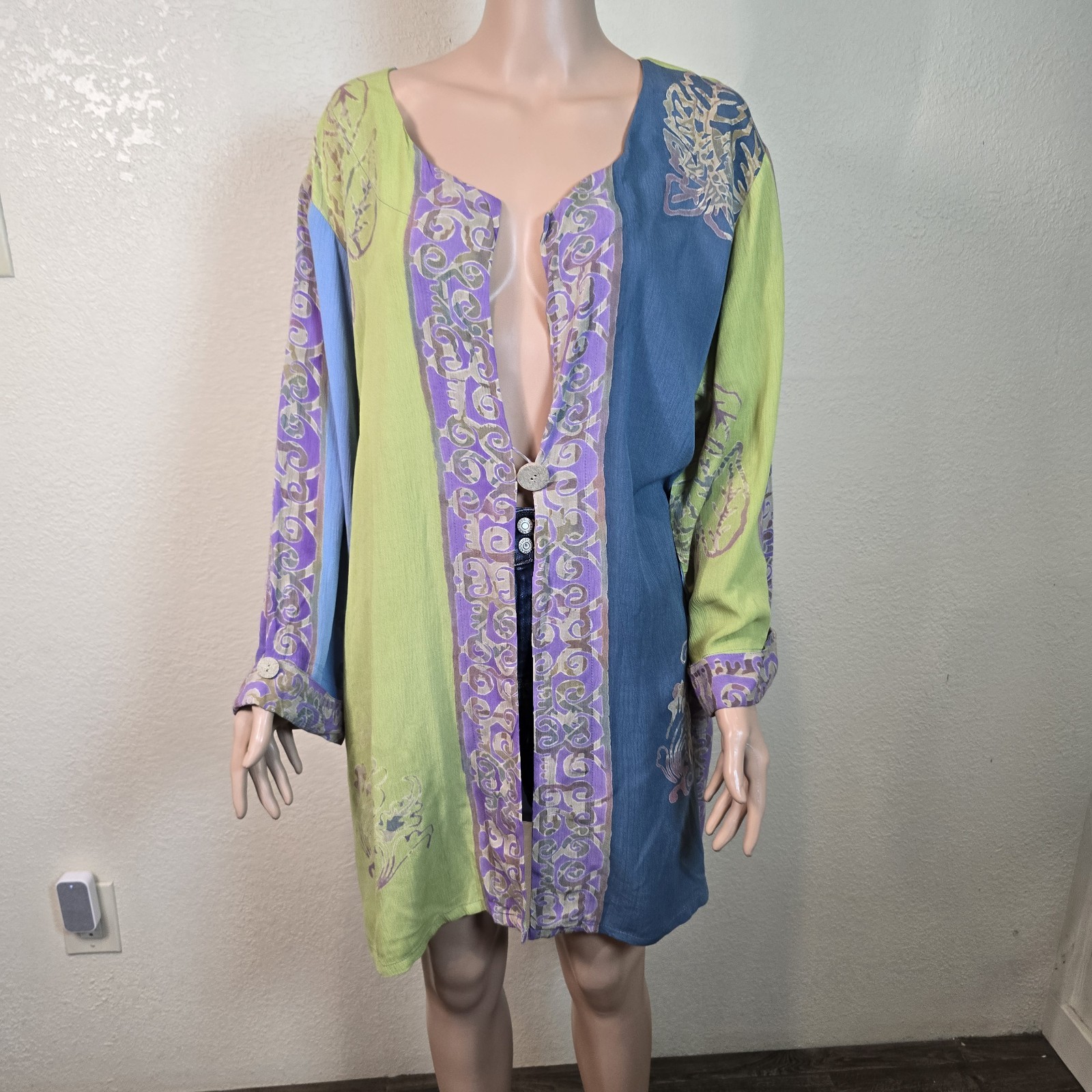 Soft Surroundings 100% Rayon Teal Green Purple Button Blouse Overlay Tunic 2x