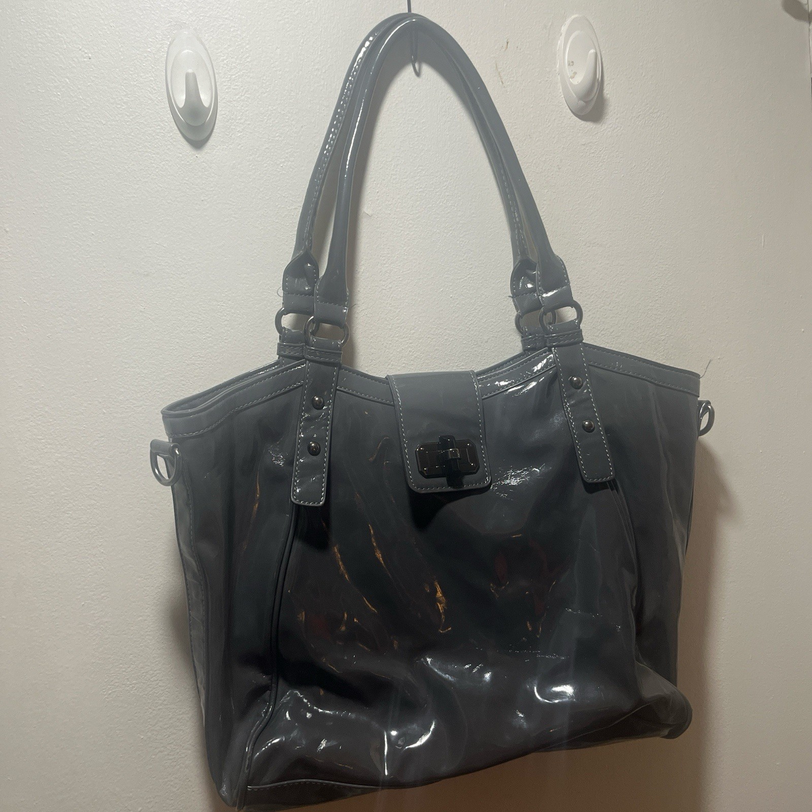 Gray Shoulder Bag for Women, Patent Finish, Turn Lock, Buckle Accents