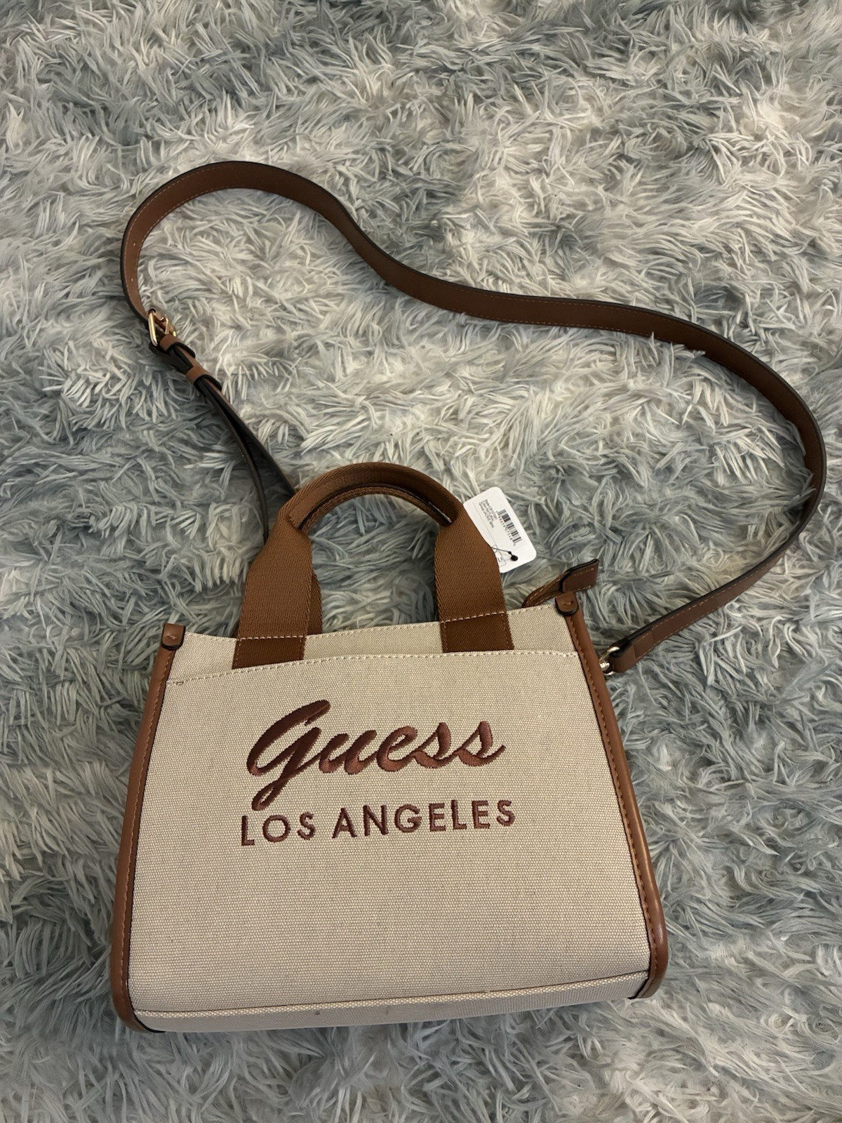 GUESS Jackie Mini Small Tote Bag Handbag Crossbody Brown Natural CB157581 NWT