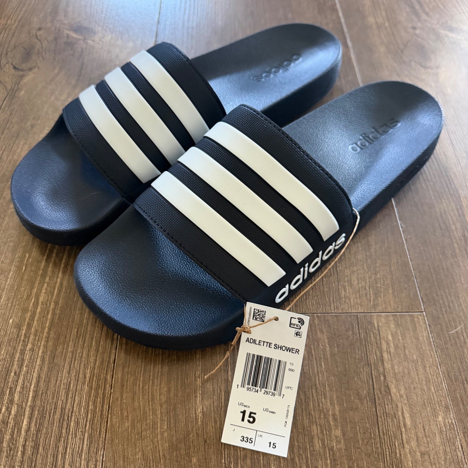 Adidas Adilette Shower Slides Black White Striped Sporty Poolside GZ5920 Size 15