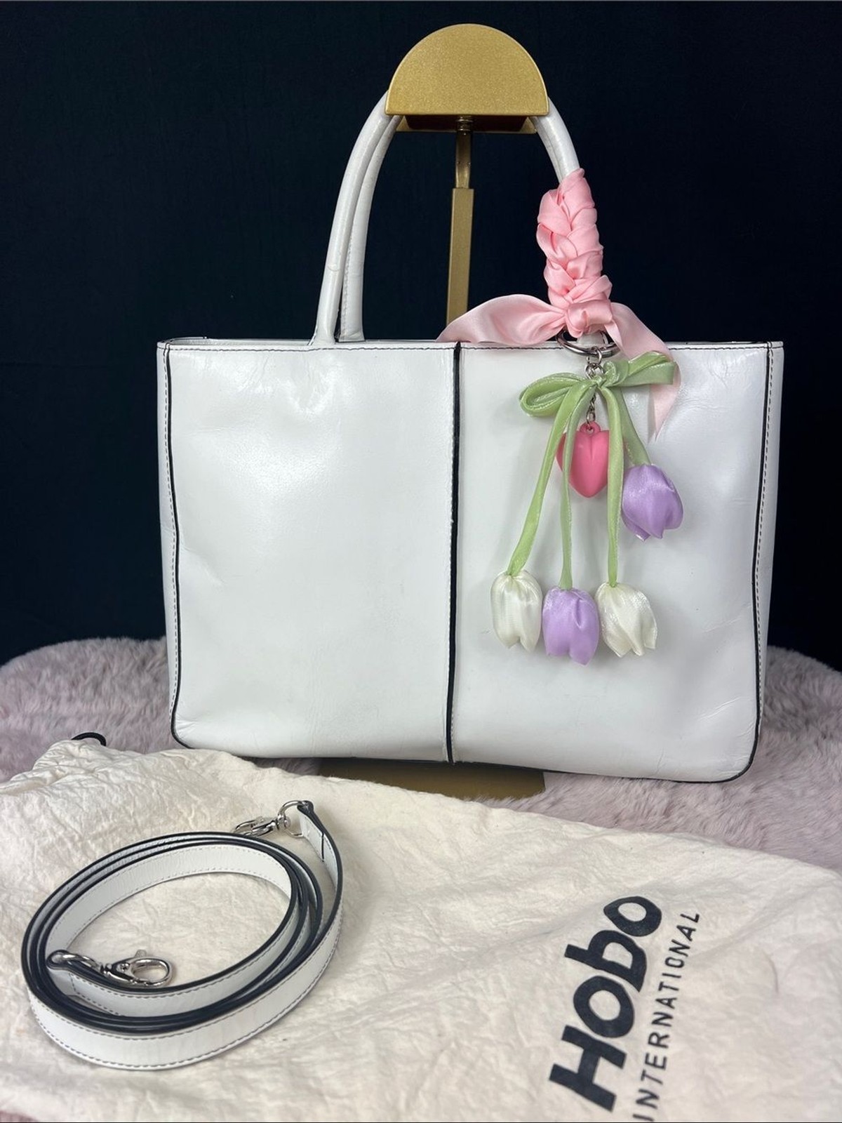 HOBO Render Leather Shoulder Bag Optic White + Crossbody Strap & Dust Bag