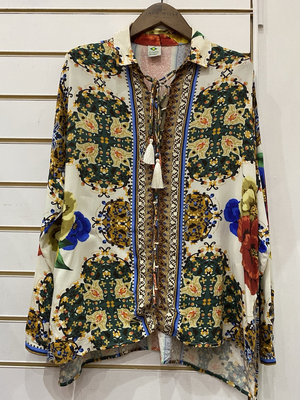 FARM Rio de Janeiro Multicolour Floral Collared Tie Neck Tassel Blouse size M