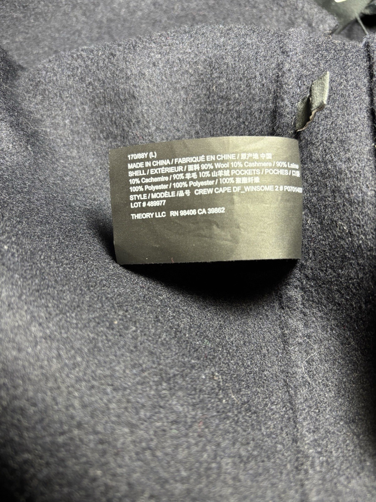 $895 Theory L Large Crew Cape Back Coat Navy Wool Cashmere Winsome 2 Overcoat