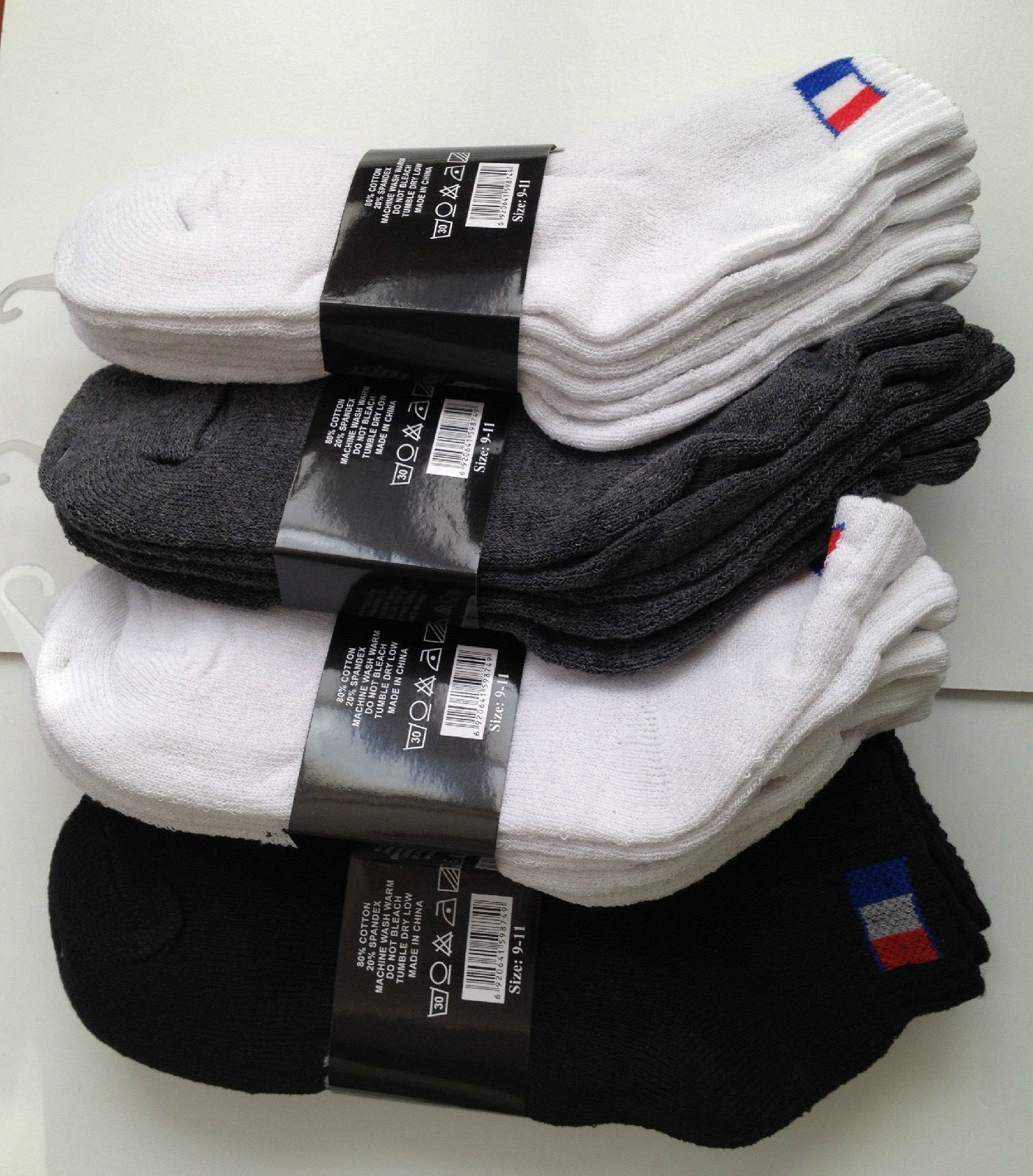12 Pairs Athletic, Solid & Wht, Blk, Grey Ankle Crew Mens Sport Socks Size 9-11