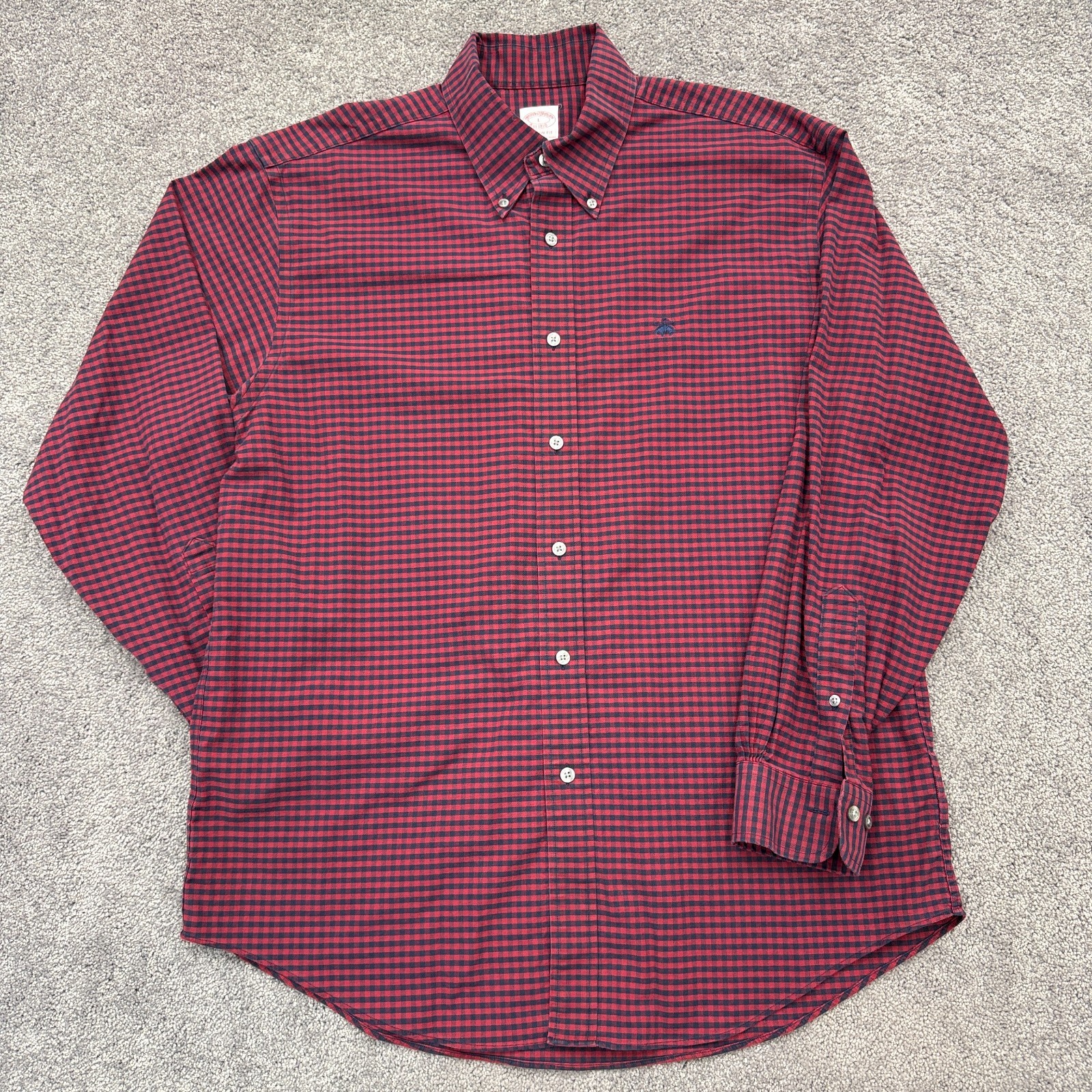Brooks Brothers Madison Fit Shirt Mens Large Red Navy Gingham Check Non Iron