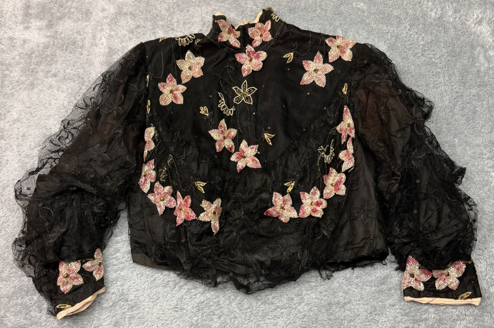 Antique Edwardian Jacket Black Pink Floral Beaded Silk Victorian Early 1900s