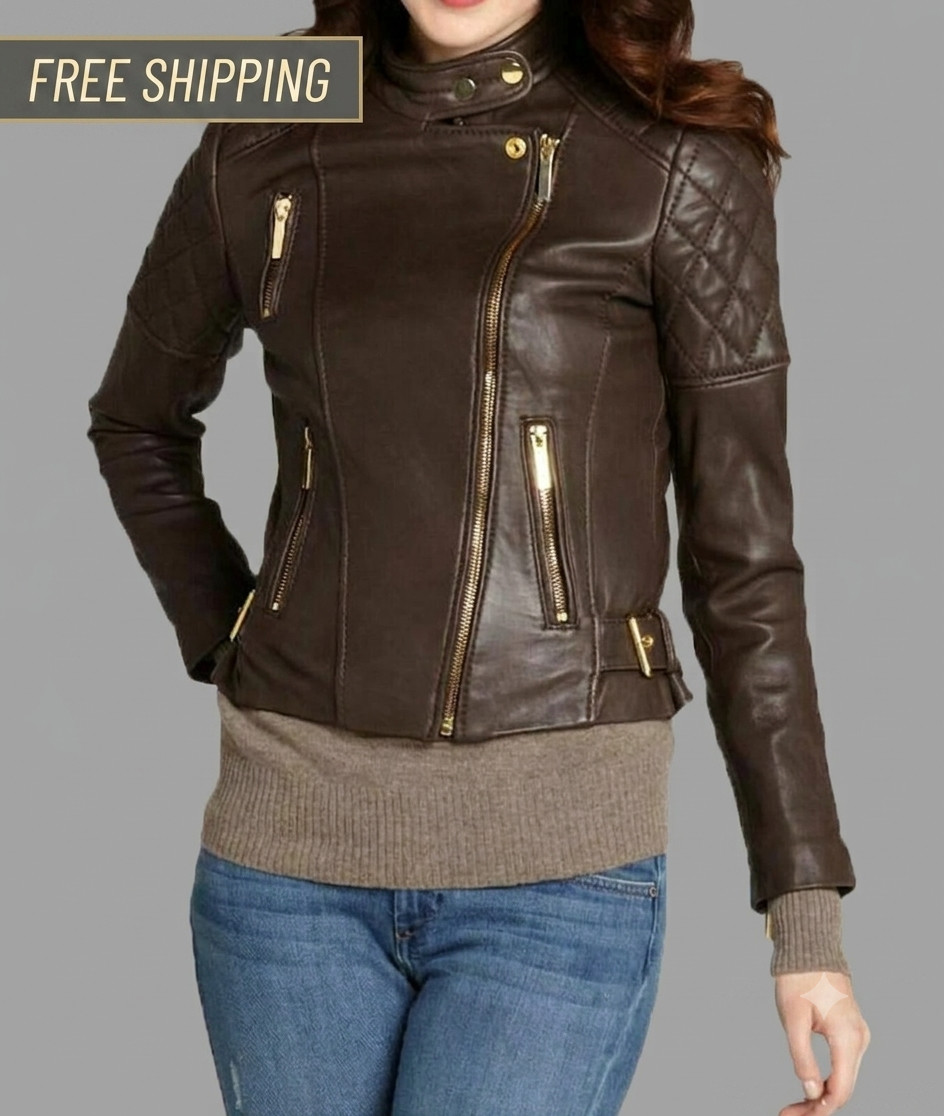 Women’s Brown Real Leather Jacket Genuine Lambskin Moto Biker Casual Wear Coat